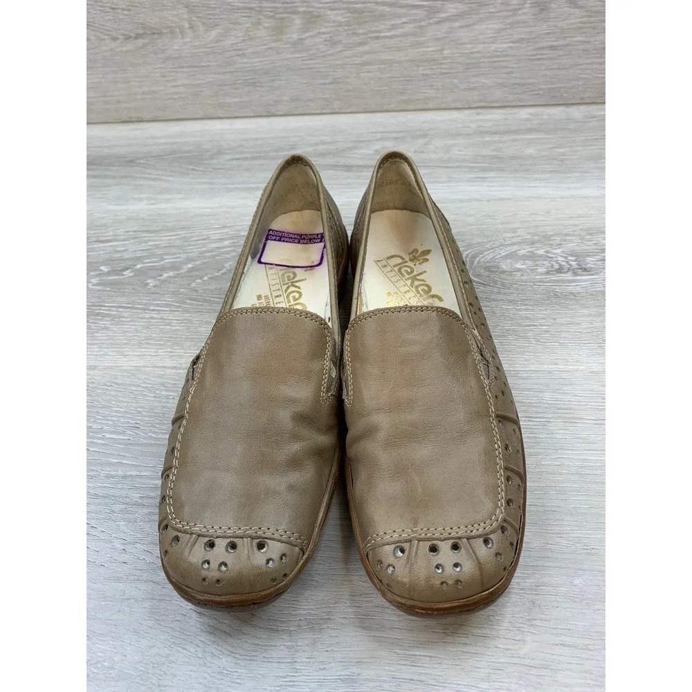 Rieker Women's Brown Leather Perforated Slip On Loafers Size 39 EU 8 US Shoes